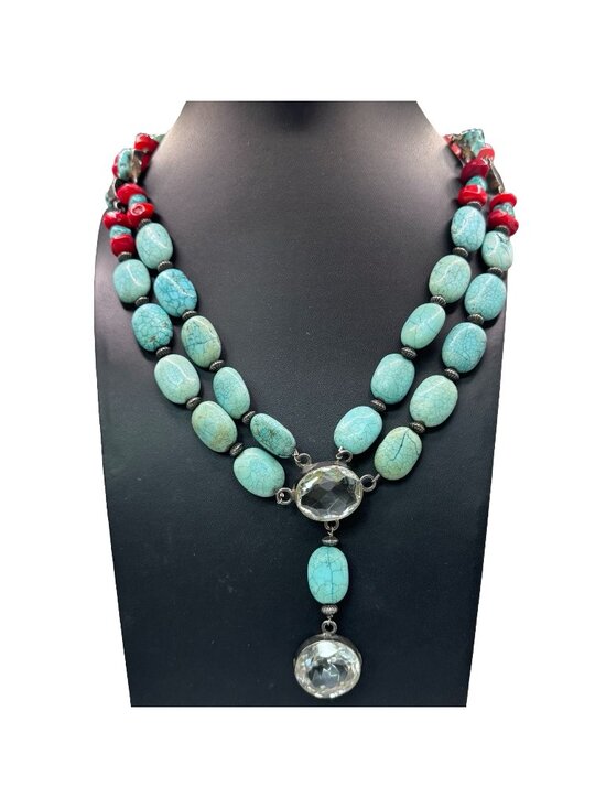 Estate Jewelry - Artisan Turquoise & Red Coral Sterling Silver Necklace Clear Quartz18" 925 READ